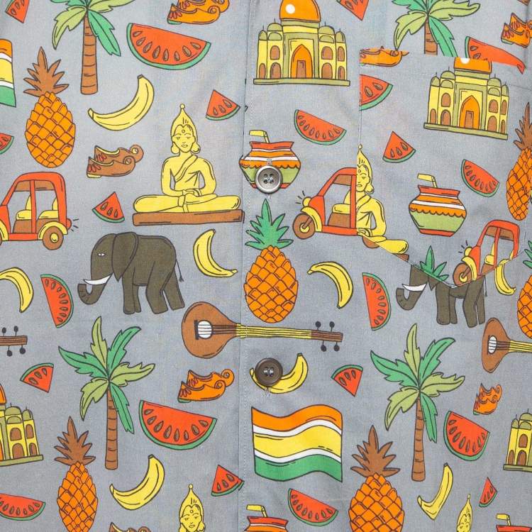 Pre Owned Prada Grey/Multicolor Printed Cotton Bowling Shirt XXL