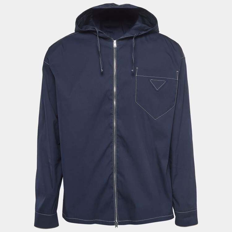 Pre Owned Prada Navy Blue Stretch Cotton Hooded Shirt XS