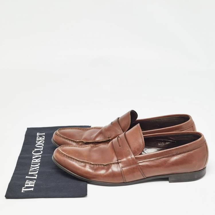 Pre Owned Prada Brown Leather Penny Slip On Loafers Size 43