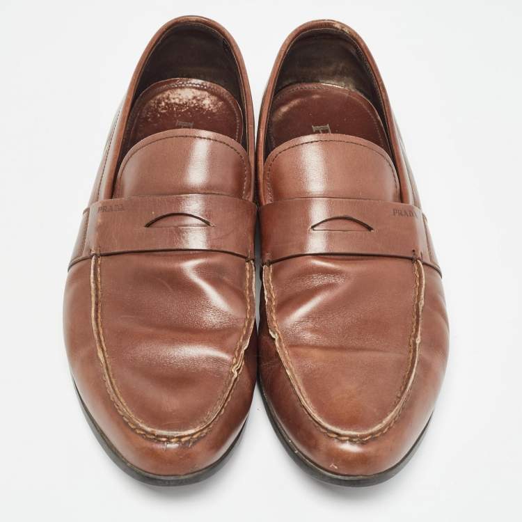 Pre Owned Prada Brown Leather Penny Slip On Loafers Size 43