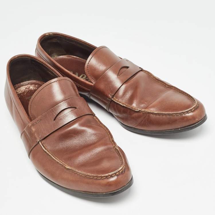Pre Owned Prada Brown Leather Penny Slip On Loafers Size 43