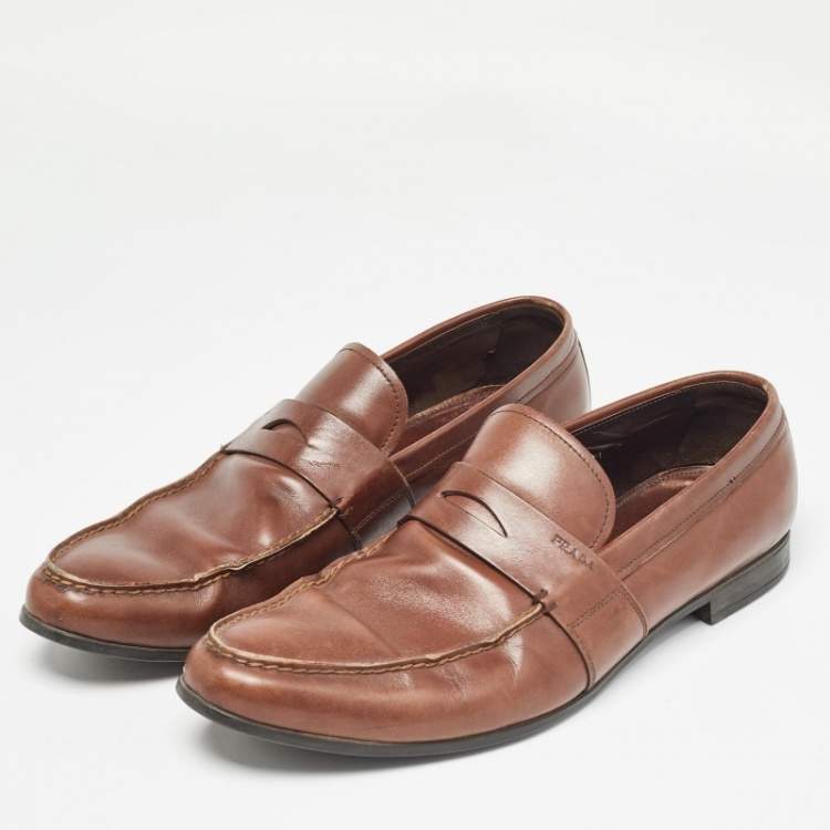 Pre Owned Prada Brown Leather Penny Slip On Loafers Size 43