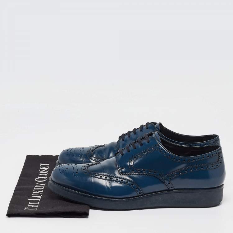 Pre Owned Prada Blue Leather Oxford Sneakers Size 43.5