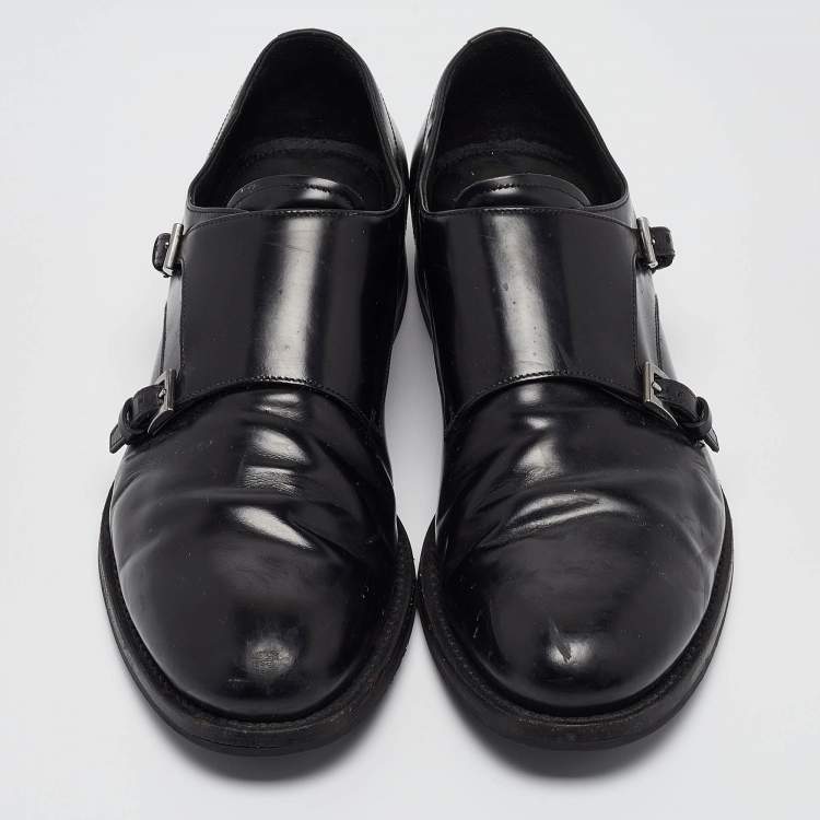 Pre Owned Prada Black Leather Double Monk Oxford Size 44