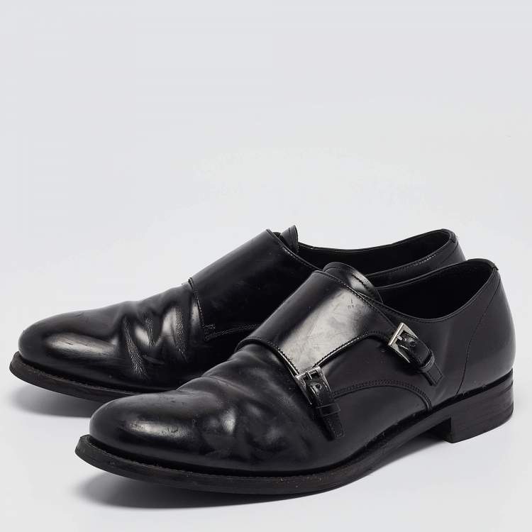 Pre Owned Prada Black Leather Double Monk Oxford Size 44