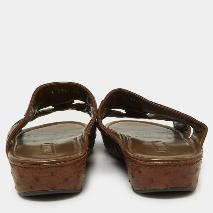 Pre Owned Prada Brown Ostrich Leather Flat Sandals Size 44