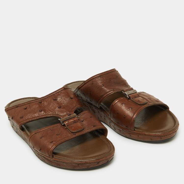 Pre Owned Prada Brown Ostrich Leather Flat Sandals Size 44