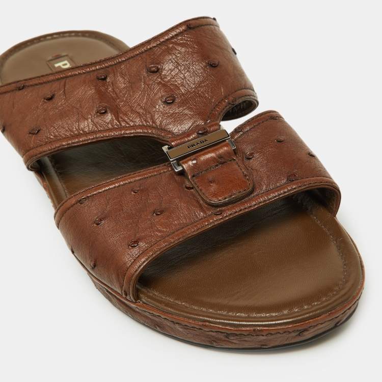 Pre Owned Prada Brown Ostrich Leather Flat Sandals Size 44