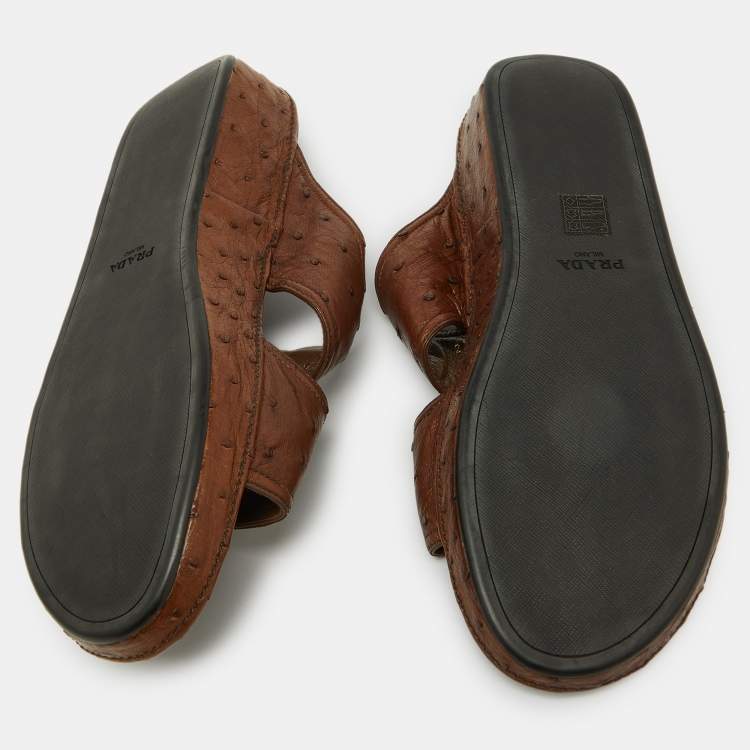 Pre Owned Prada Brown Ostrich Leather Flat Sandals Size 44