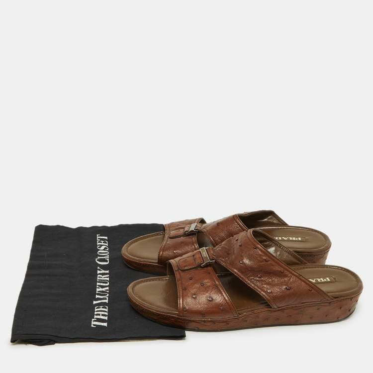 Pre Owned Prada Brown Ostrich Leather Flat Sandals Size 44