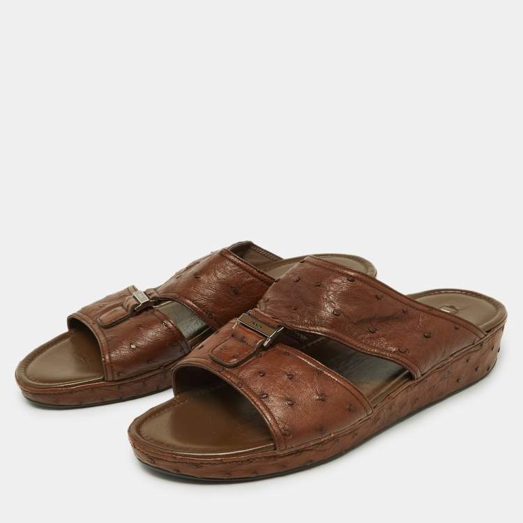 Pre Owned Prada Brown Ostrich Leather Flat Sandals Size 44