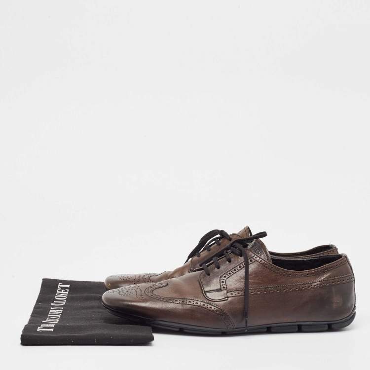 Pre Owned Prada Brown Brogue Leather Lace Up Oxfords Size 44