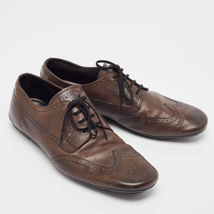 Pre Owned Prada Brown Brogue Leather Lace Up Oxfords Size 44