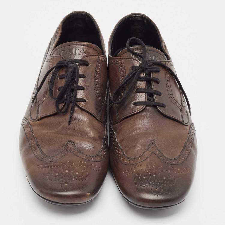 Pre Owned Prada Brown Brogue Leather Lace Up Oxfords Size 44