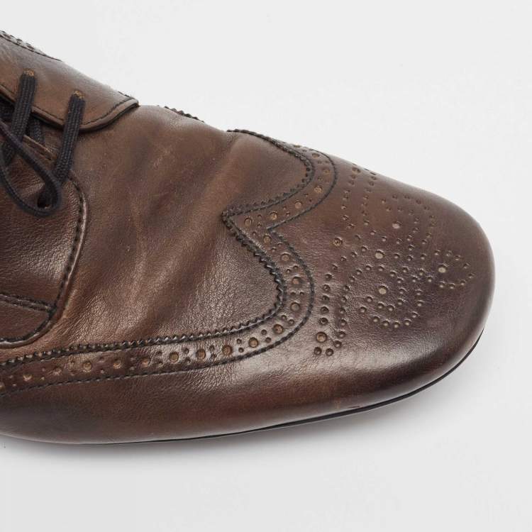 Pre Owned Prada Brown Brogue Leather Lace Up Oxfords Size 44