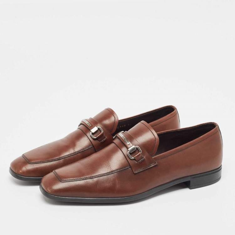 Pre Owned Prada Brown Leather Slip On Loafers Size 41.5