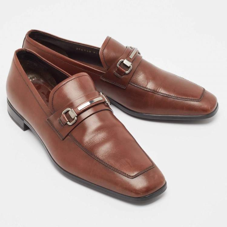 Pre Owned Prada Brown Leather Slip On Loafers Size 41.5