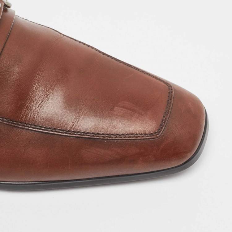 Pre Owned Prada Brown Leather Slip On Loafers Size 41.5