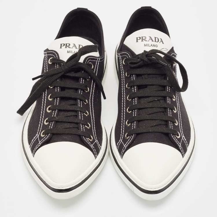 Pre Owned Prada Black Canvas Point-Toe Lace Up Sneakers Size 44.5