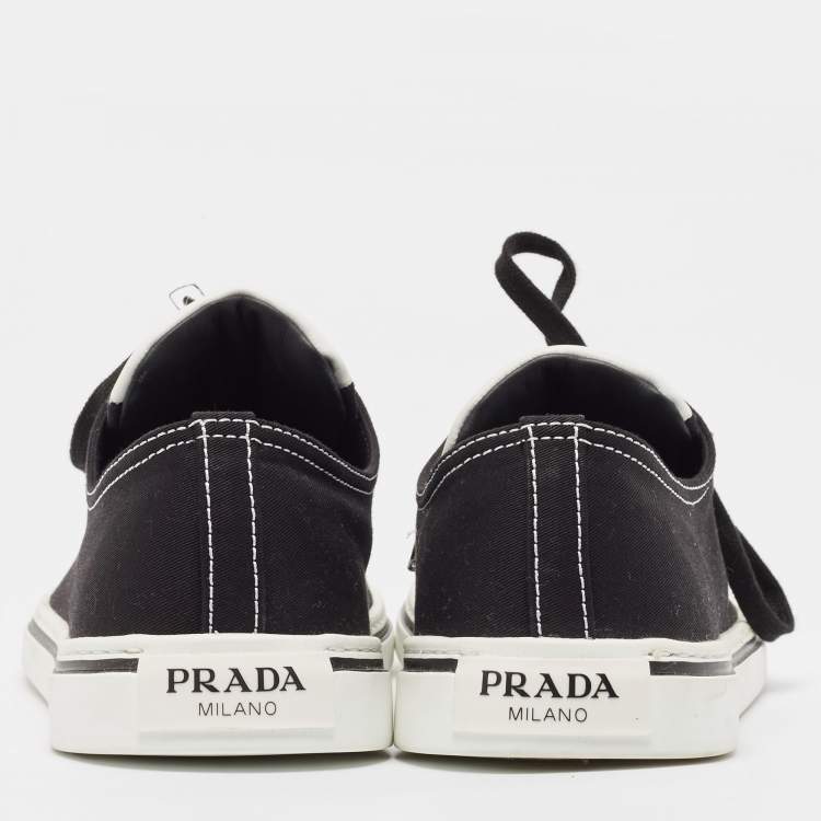 Pre Owned Prada Black Canvas Point-Toe Lace Up Sneakers Size 44.5