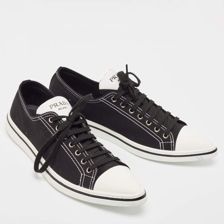 Pre Owned Prada Black Canvas Point-Toe Lace Up Sneakers Size 44.5