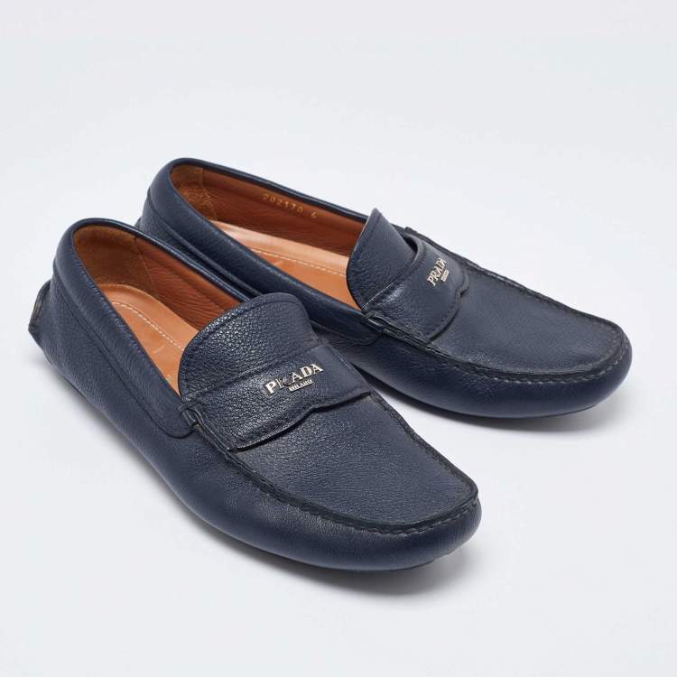 Pre Owned Prada Blue Leather Slip On Loafers Size 40