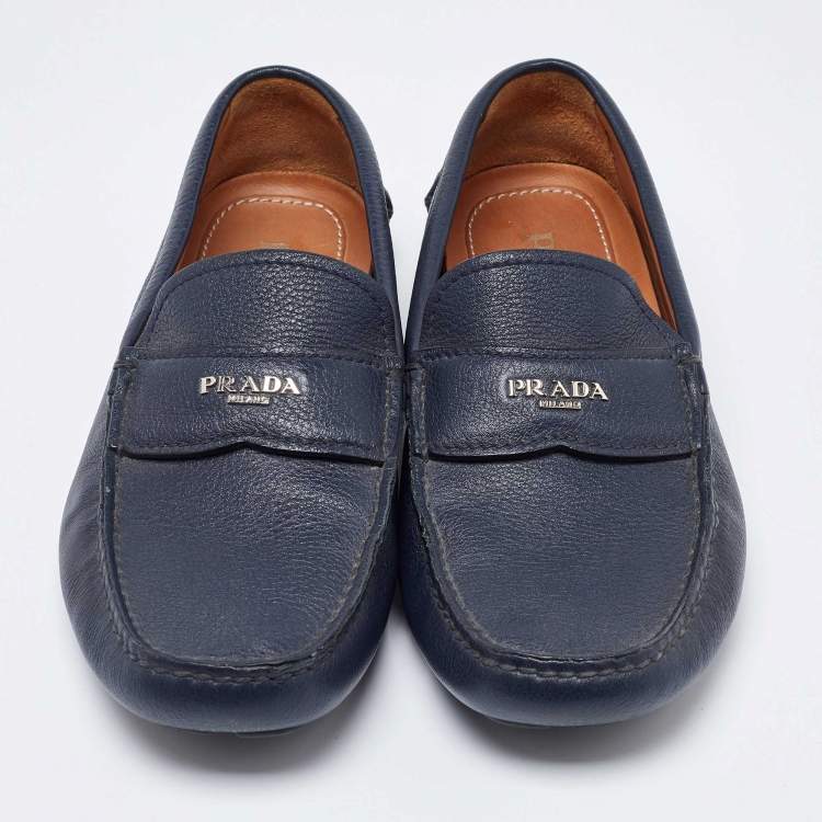 Pre Owned Prada Blue Leather Slip On Loafers Size 40