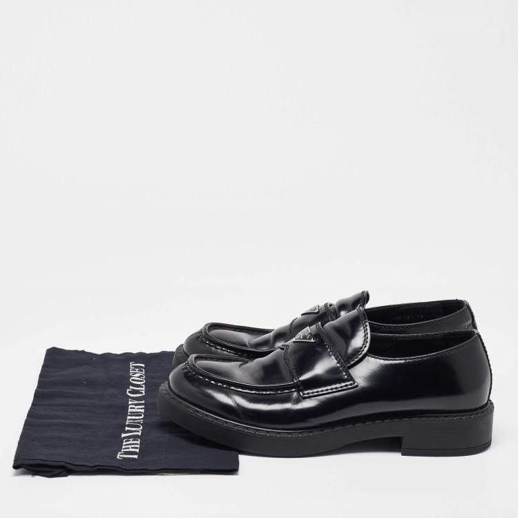 Pre Owned Prada Black Brushed Leather Slip On Loafers Size 44