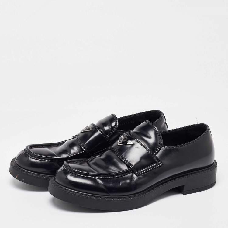 Pre Owned Prada Black Brushed Leather Slip On Loafers Size 44