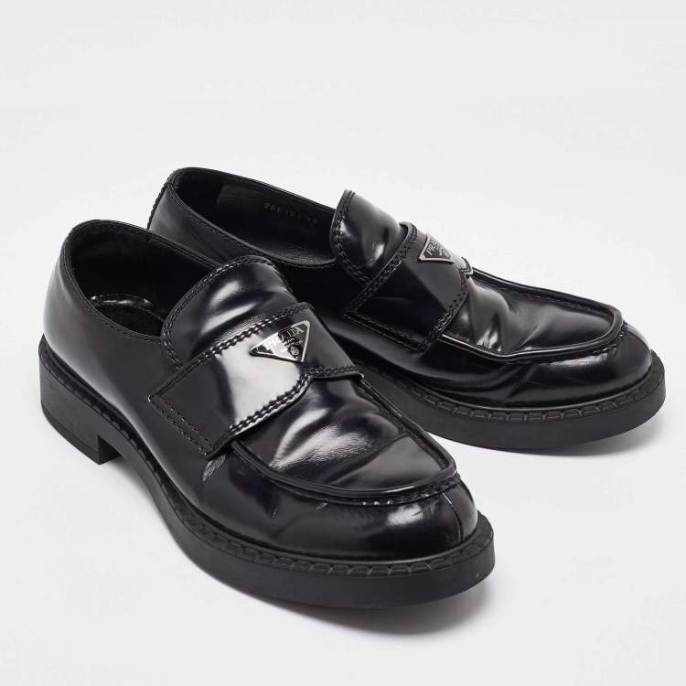 Pre Owned Prada Black Brushed Leather Slip On Loafers Size 44