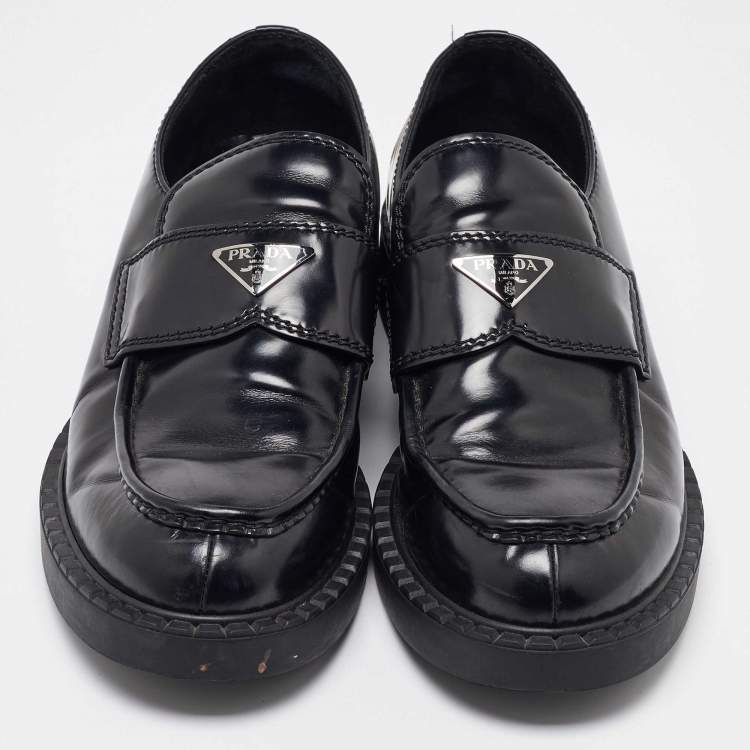 Pre Owned Prada Black Brushed Leather Slip On Loafers Size 44