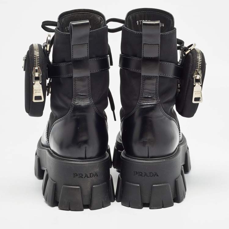 Pre Owned Prada Black Leather and Nylon Monolith Ankle Boots Size 39.5