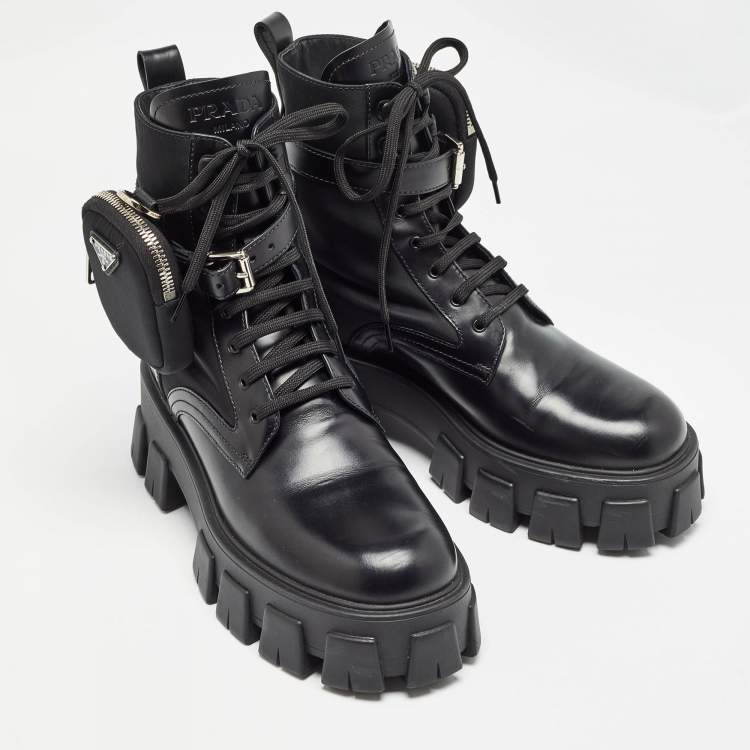 Pre Owned Prada Black Leather and Nylon Monolith Ankle Boots Size 39.5