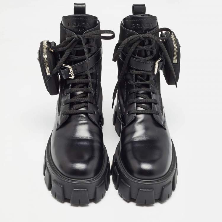 Pre Owned Prada Black Leather and Nylon Monolith Ankle Boots Size 39.5