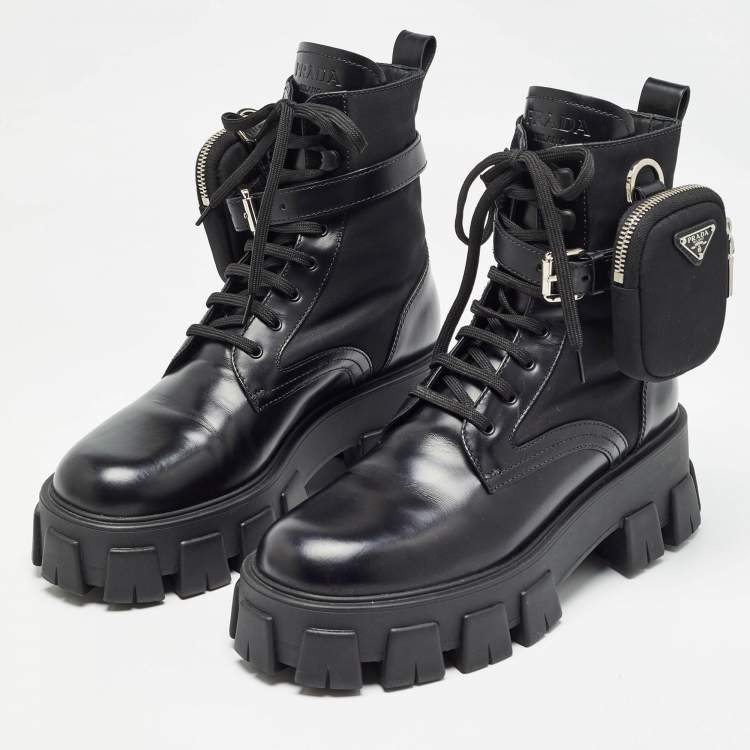 Pre Owned Prada Black Leather and Nylon Monolith Ankle Boots Size 39.5