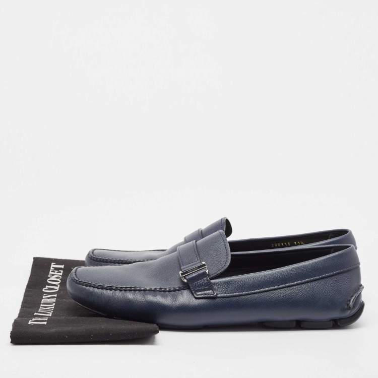 Pre Owned Prada Navy Blue Leather Buckle Detailing Loafers Size 45.5