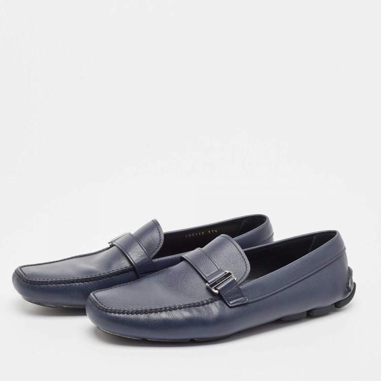 Pre Owned Prada Navy Blue Leather Buckle Detailing Loafers Size 45.5