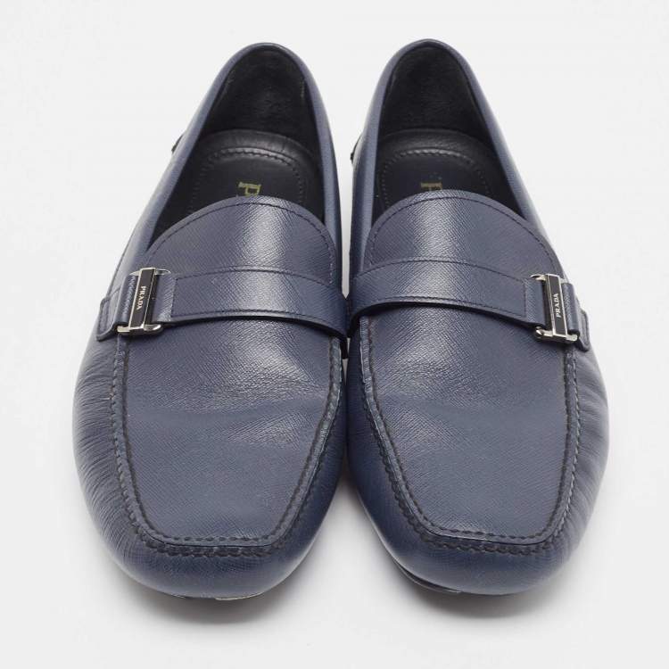 Pre Owned Prada Navy Blue Leather Buckle Detailing Loafers Size 45.5