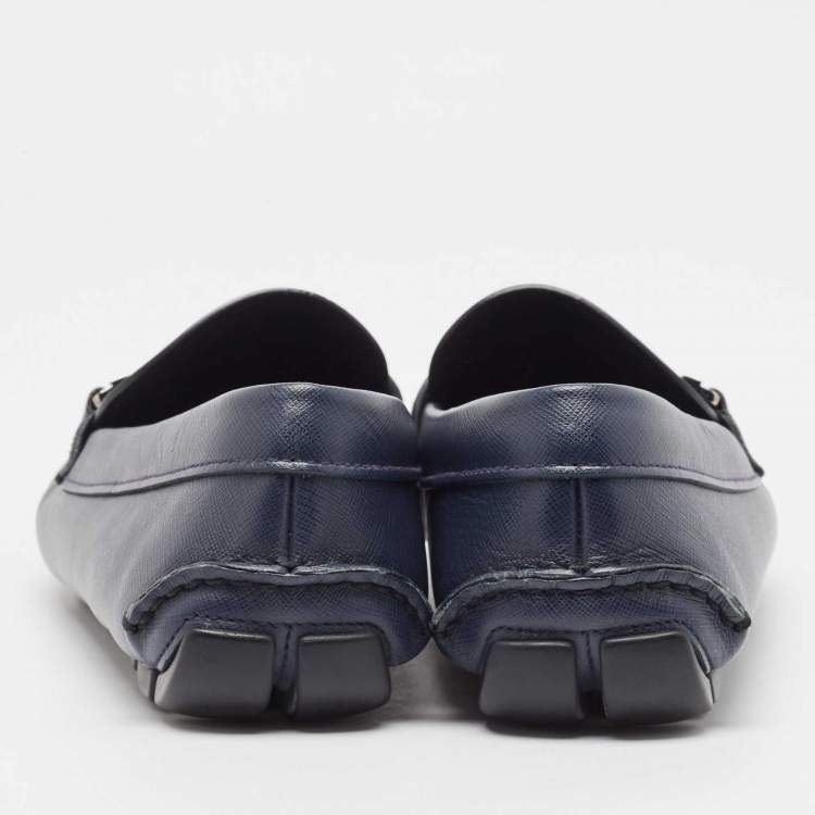 Pre Owned Prada Navy Blue Leather Buckle Detailing Loafers Size 45.5