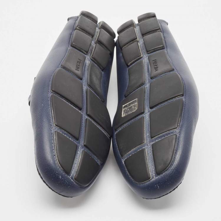 Pre Owned Prada Navy Blue Leather Buckle Detailing Loafers Size 45.5