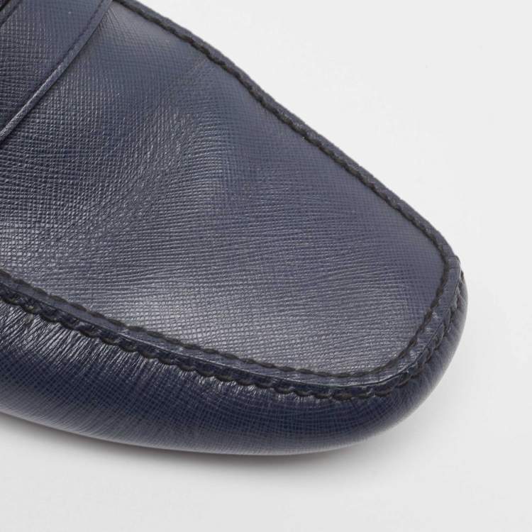 Pre Owned Prada Navy Blue Leather Buckle Detailing Loafers Size 45.5