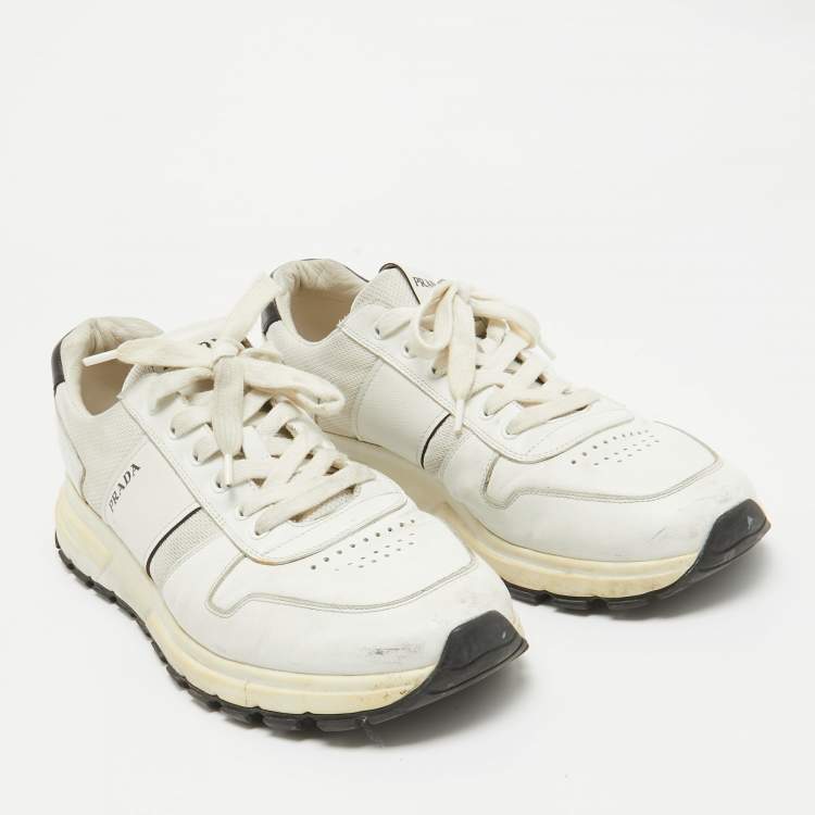 Pre Owned Prada White Leather and Mesh Low Top Sneakers Size 44