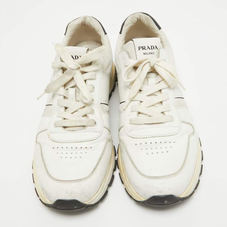 Pre Owned Prada White Leather and Mesh Low Top Sneakers Size 44