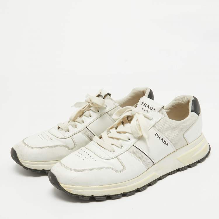 Pre Owned Prada White Leather and Mesh Low Top Sneakers Size 44