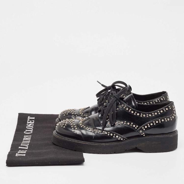 Pre Owned Prada Black Leather Embellished Lace Up Brogues Oxfords Size 36