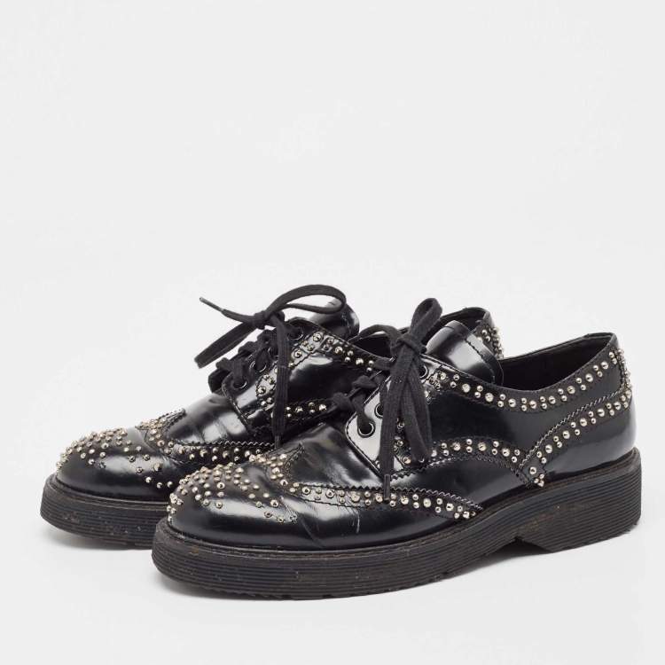 Pre Owned Prada Black Leather Embellished Lace Up Brogues Oxfords Size 36