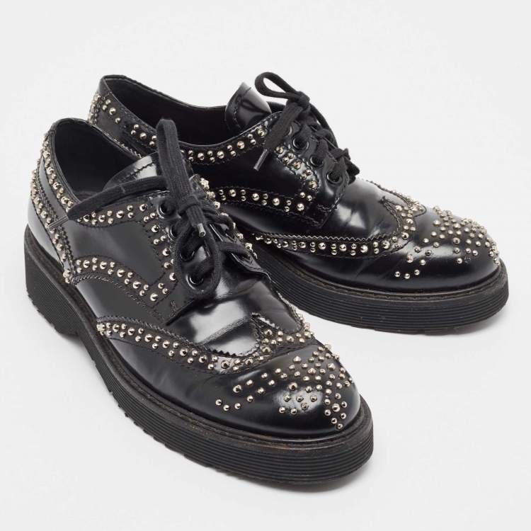 Pre Owned Prada Black Leather Embellished Lace Up Brogues Oxfords Size 36