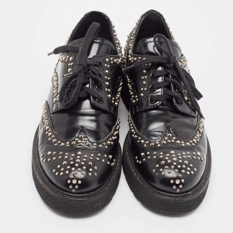 Pre Owned Prada Black Leather Embellished Lace Up Brogues Oxfords Size 36