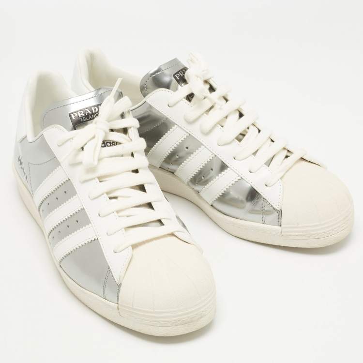 Pre Owned Prada x Adidas White/Silver Leather Superstar Sneakers Size 42 2/3