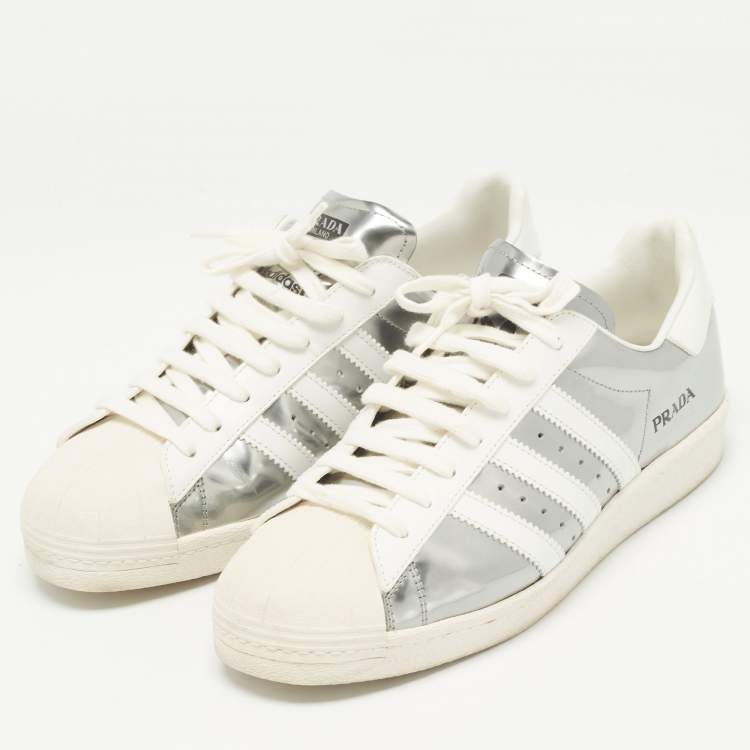 Pre Owned Prada x Adidas White/Silver Leather Superstar Sneakers Size 42 2/3
